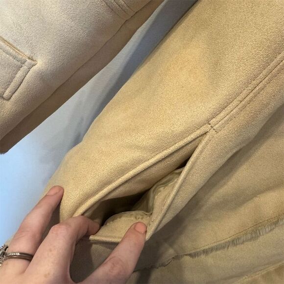 St. John's Bay Women's Camel Faux Suede‎ Overcoat M Fur Trim Vintage Penny Lane - Picture 3 of 8